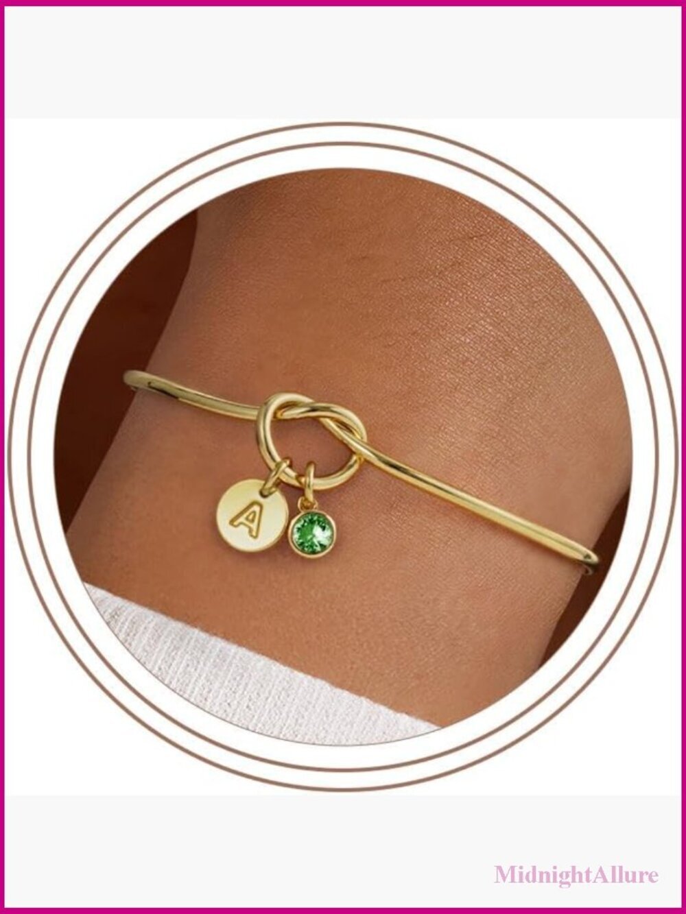 Initial Birthstone Bracelet Dainty 14K Gold Plated Knot Bangle Adjustable